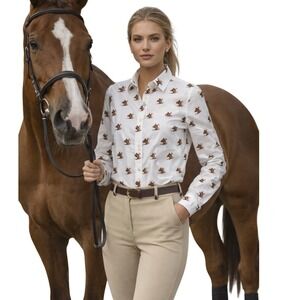 Talbots Equestrian Horses Print‎ Button Down Long Sleeve Top Blouse sz XS